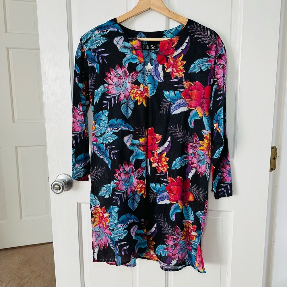NEW! Kikisol Painted Floral 100% Cotton Tunic Beach Cover-up Tropical Size S